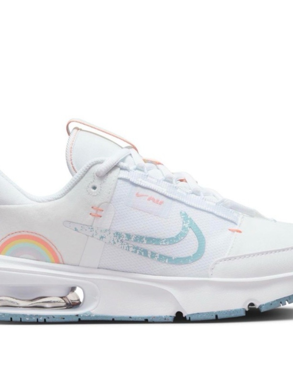 Nike Kids White Sneakers with Teal Swoosh and Pastel Rainbow
